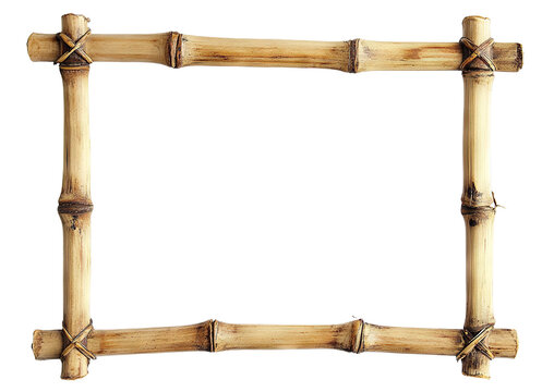 Natural bamboo frame with tied corners, isolated on transparent cutout background