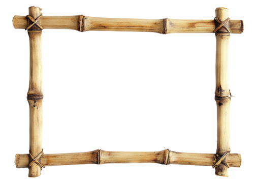 Natural bamboo frame with tied corners, isolated on transparent cutout background