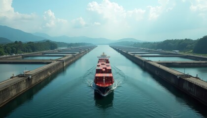 Fototapeta premium Vast canal serene waters and a vibrant ship on a clear day