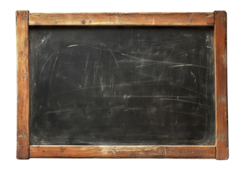 Old wooden-framed blackboard with chalk marks, isolated on transparent cutout background