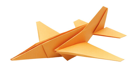 Orange origami paper airplane, isolated on transparent cutout background