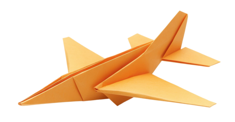 Orange origami paper airplane, isolated on transparent cutout background