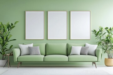 Modern Furnished Living Room Interior with Three Pistachio Shelves