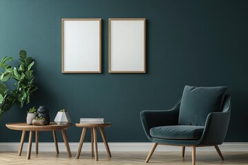 Modern Living Room Interior Design with Green Shelves and Three Beige Banners