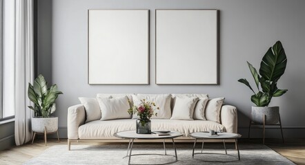 Modern Scandinavian Living Room Interior with Elegant Furniture and Blank Poster Mockup