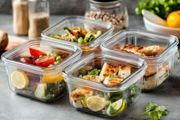 Healthy Meal Prep Containers with Grilled Chicken, Vegetables, and Salad