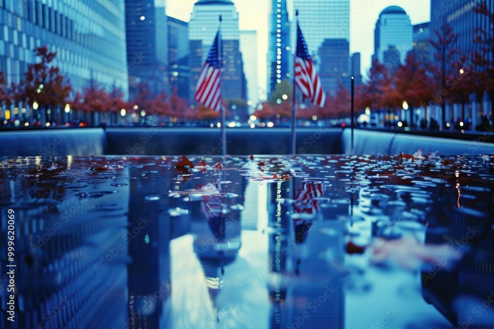 Poster a reflection of the american flag is seen in a calm pool of water, creating a sense of symmetry and 