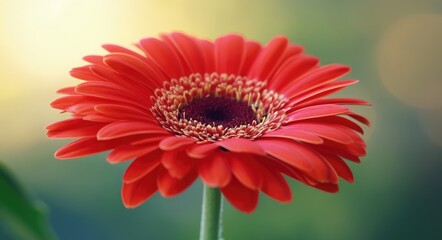 Obraz premium Vibrant Gerbera Blossom in Full Bloom. Close-up Macro Shot of Red Daisy in Summer Garden