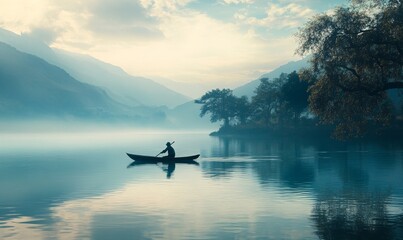 Fototapeta premium A lone man rows a boat on a serene lake.