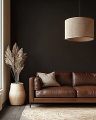 Ethnic Bohemian Living Room with Rustic Furniture in Dark Brown Colour Scheme