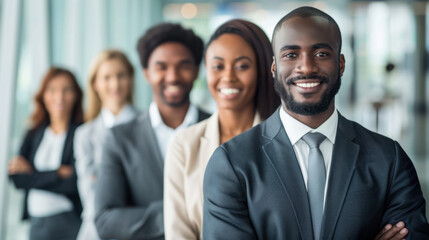 Obraz premium A group of cheerful professionals poses together in business attire, showcasing a mixture of ethnicities and smiles in a contemporary office setup.