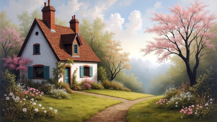 Obraz premium Idyllic Country Cottage with Blooming Spring Flowers in a Meadow