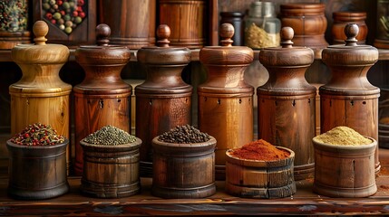 Various spice grinders arranged in wooden jars