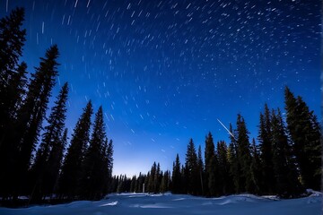 Fototapeta premium Winter Forest Landscape with Tall Pine Trees Under a Clear Night Sky Filled with Stars 