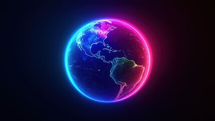 Fototapeta premium A vibrant, neon-lit globe representing Earth, showcasing colorful continents against a dark background, symbolizing connectivity and digital innovation.