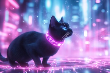 A sleek black cat with glowing blue eyes and a neon collar stands in a futuristic cyberpunk setting. Surrounded by neon lights and vibrant colors, the scene creates a high-tech, sci-fi atmosphere.  

