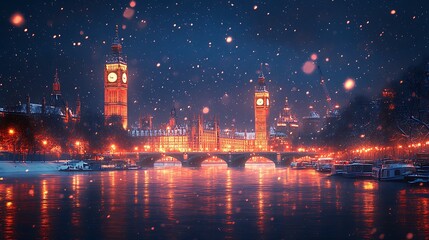 Fototapeta premium London's iconic Big Ben and Houses of Parliament are bathed in a warm glow as snowflakes fall gently.