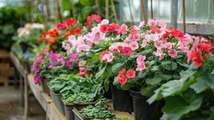 Geranium In Tubs And Different Flowers In The Greenhouse