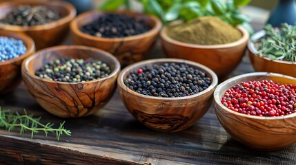 Various spices and herbs placed in wooden bowls