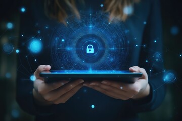 Digital Security: Businesswoman Holding Tablet with Blue Hologram Cyber Interface