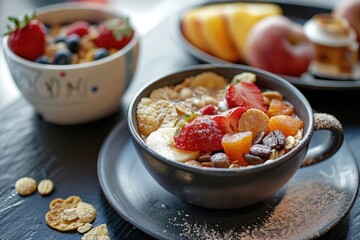 A bowl filled with cereal, fruit, and crackers on a table