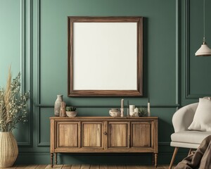 Modern Living Room Interior with Blank Poster Frame on Wooden Cabinet