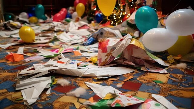 Colorful wrapping paper and deflated balloons scattered on the floor on christmas morning, evidence of a joyous celebration