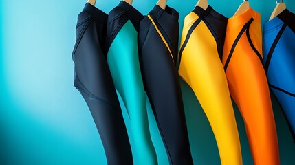 Colorful wetsuits hanging on hangers against a blue background.