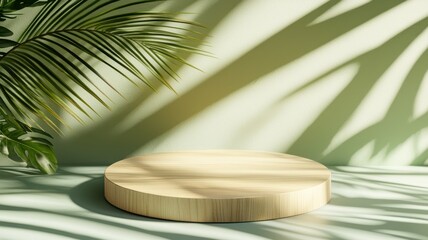 A minimalist display platform with soft shadows cast by leafy plants on a light green wall, creating an inviting natural aesthetic.