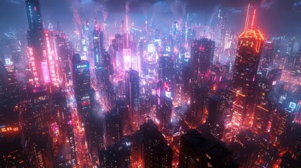 Fototapeta premium a captivating aerial view of a bustling city at night illuminated by neon lights and connected by glowing technology lines depicting the intersection of urban life and digital connectivity