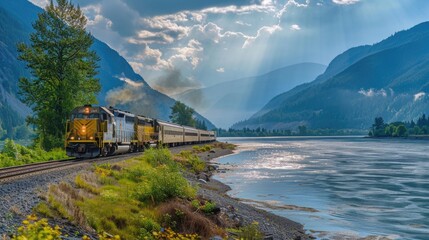 A train travels along the tracks beside a serene river, offering a scenic view