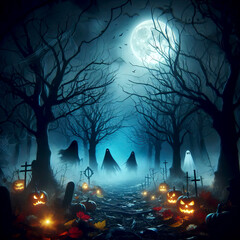Haunted night forest in moonlight with fog and mystical figures and ghosts pumpkin lanterns bats halloween time