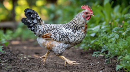 A close-up of a Belgian Uccle bantam chicken with its distinctive feathered feet, walking on a dirt path.
