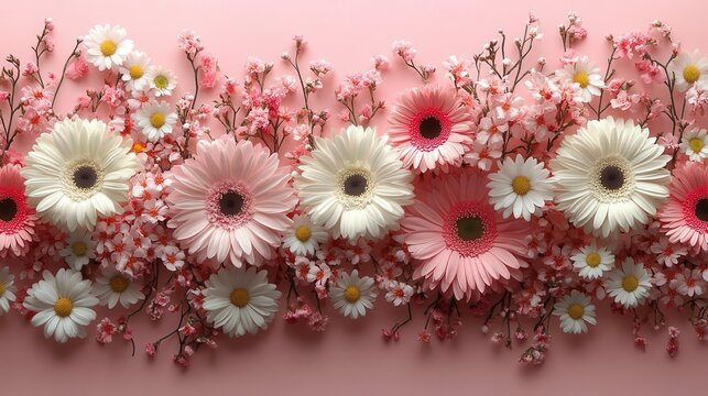 a delicate arrangement of white and pink flowers including daisies and cherry blossoms beautifully displayed on a seamless soft pink background perfect for text overlay - Powered by Adobe