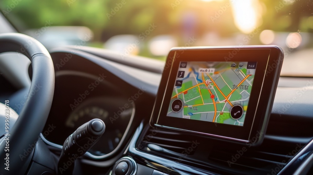 Poster a close-up of a gps navigation system inside a car, showing a route being mapped out on the screen.