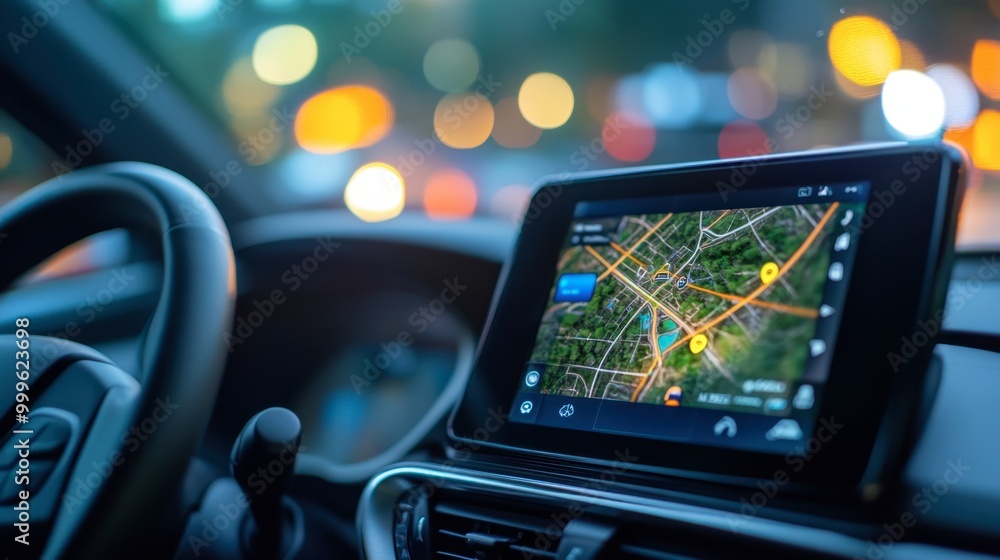 Poster a close-up of a gps navigation system inside a car, showing a route being mapped out on the screen.