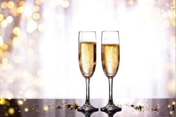 Joyful Toast with Elegant Champagne Glasses Clinking Together Amidst Sparkling Golden Bubbles