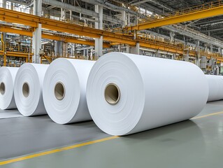 Large rolls of white paper stacked in a modern industrial facility, showcasing production and manufacturing processes.