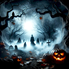 Haunted night forest in moonlight with fog and mystical figures and ghosts pumpkin lanterns bats halloween time