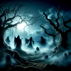 Haunted night forest In moonlight with ghosts and fog Halloween time