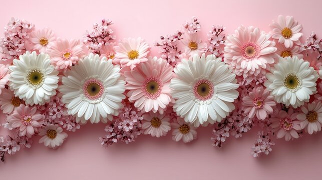 a delicate arrangement of white and pink flowers including daisies and cherry blossoms beautifully displayed on a seamless soft pink background perfect for text overlay