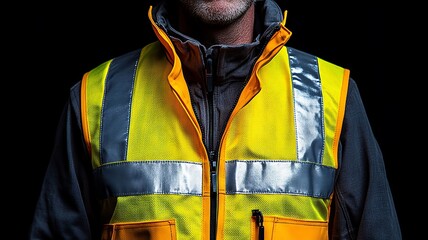 High visibility safety vest worn by a worker in a dark background