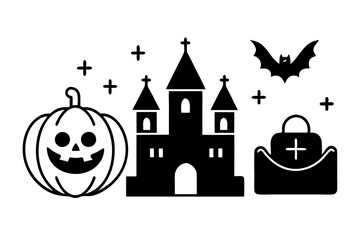 Halloween icon set . Pumpkin, Ghost, Bat, Grave, Vampire, Amazing Castle Black Icon for October 31 celebration. Spooky horror outline pictogram. Editable stroke. Vector illustration.