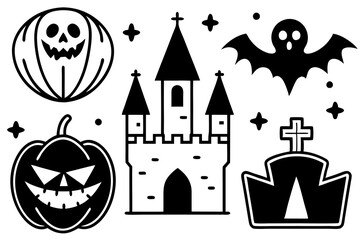 Halloween icon set . Pumpkin, Ghost, Bat, Grave, Vampire, Amazing Castle Black Icon for October 31 celebration. Spooky horror outline pictogram. Editable stroke. Vector illustration.