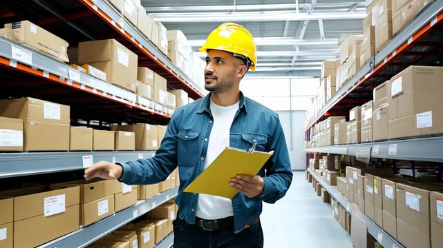 Rear view of a logistics employee walking through a warehouse full of shelves with packed goods, symbolizing efficient operations and product distribution in large-scale industries