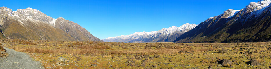 Panoramic view of the Tasman Valley and the Southern Alps in Mount Cook National Park, New Zealand