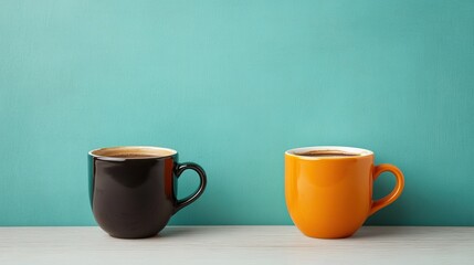 Obraz premium Two coffee mugs in black and orange on a turquoise background.