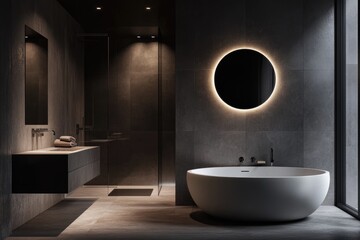 Modern Bathroom Interior with LED-Illuminated Mirror, Round Bathtub, and Grey Partition Wall