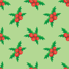 Holly berry, green leaves and red berries cartoon seamless pattern. Vector festive illustration.