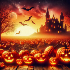 pumpkin fields with glowing pumpkin faces in the moonlight. bat and creepy images against the full moon